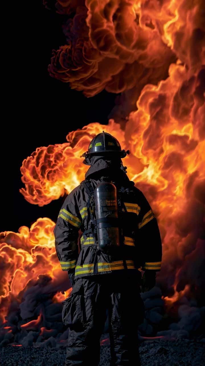 A dramatic, low-angle shot of a firefighter facing intense flames, capturing the heroic essence