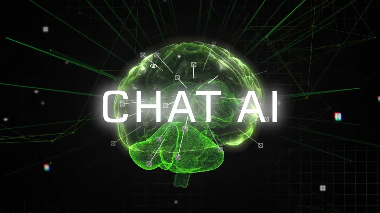 Animation of artificial intelligence chat text and data processing over human brain