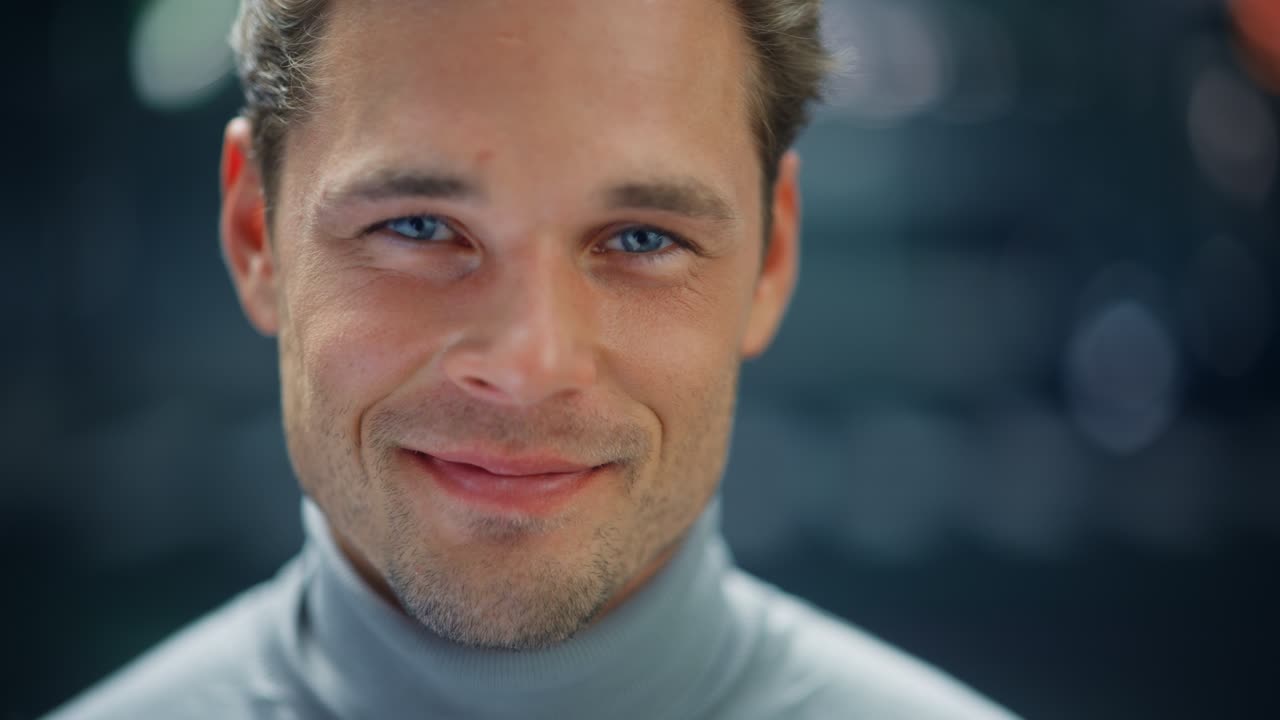 Close-up Portrait of Handsome Blonde Man, Looking up at the Camera, Smiling. Thoughtful, Attractive Young Adult Male Sincerely Looking at You. Stylish Elevating Tilting Camera, Dramatic Shot