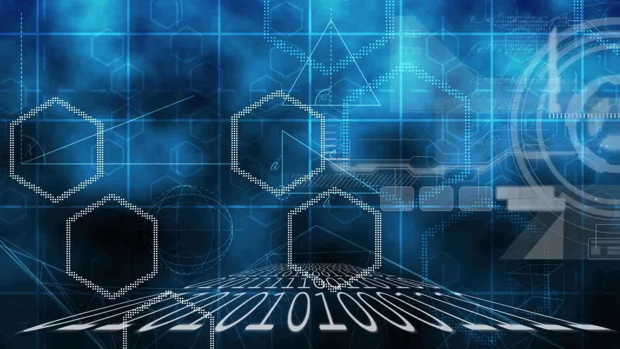 파란색 배경에 둥근 스캐너와 육각형 모양에 대한 바이너리 코딩 데이터 처리