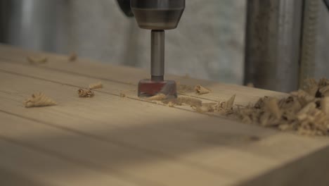 taladro de pilar cortando agujeros en madera de roble blanco