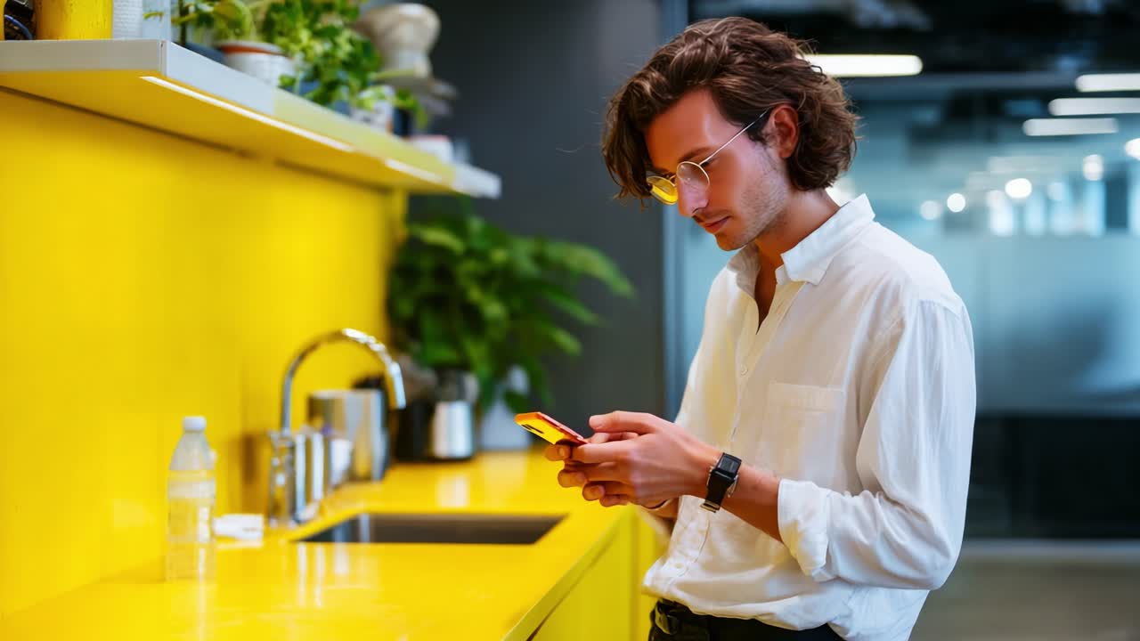 Focused Young Man in White Shirt Using Smartphone in Modern Kitchen with Bright Yellow Countertop Surrounded by Indoor Plants - A Glimpse of Contemporary Lifestyle and Technology