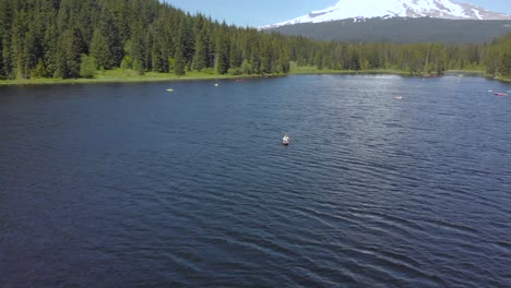 people kayaking in a mountain lake