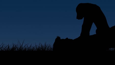 Animation-of-silhouetted-pet-dog-held-up-by-male-owner-lying-on-back