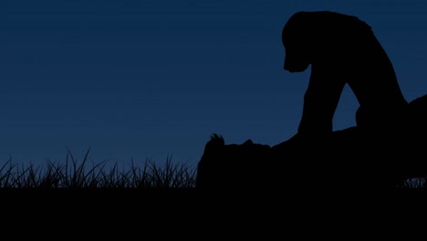 animación de un perro mascota con silueta sostenido por un dueño masculino acostado de espaldas