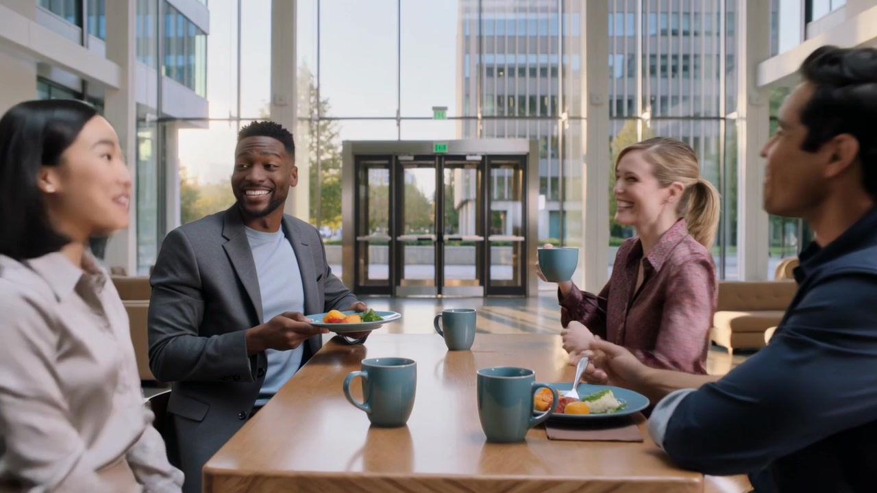 Passing teal mugs, four coworkers in business attire ending lunch in glass atrium, walking to doors
