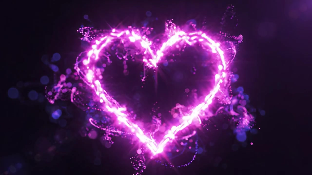 Una bellissima trasformazione di luce: dall'oscurità a una scintillante rappresentazione a forma di cuore che irradia vivaci scintille rosa in un viaggio visivo mozzafiato