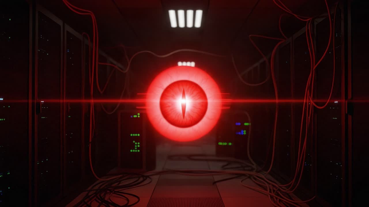 A Mysterious Red Eye Illuminates a Dimly Lit Server Room, Surrounded by Wires and Darkness, Creating an Atmosphere of Intrigue and Advanced Technology