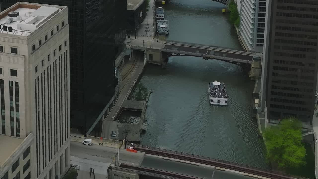 View of Chicago from above showing the river and bridges