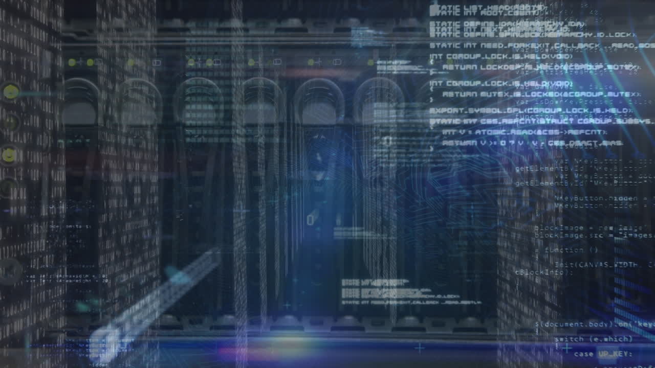Animation of data processing over close up of computer server