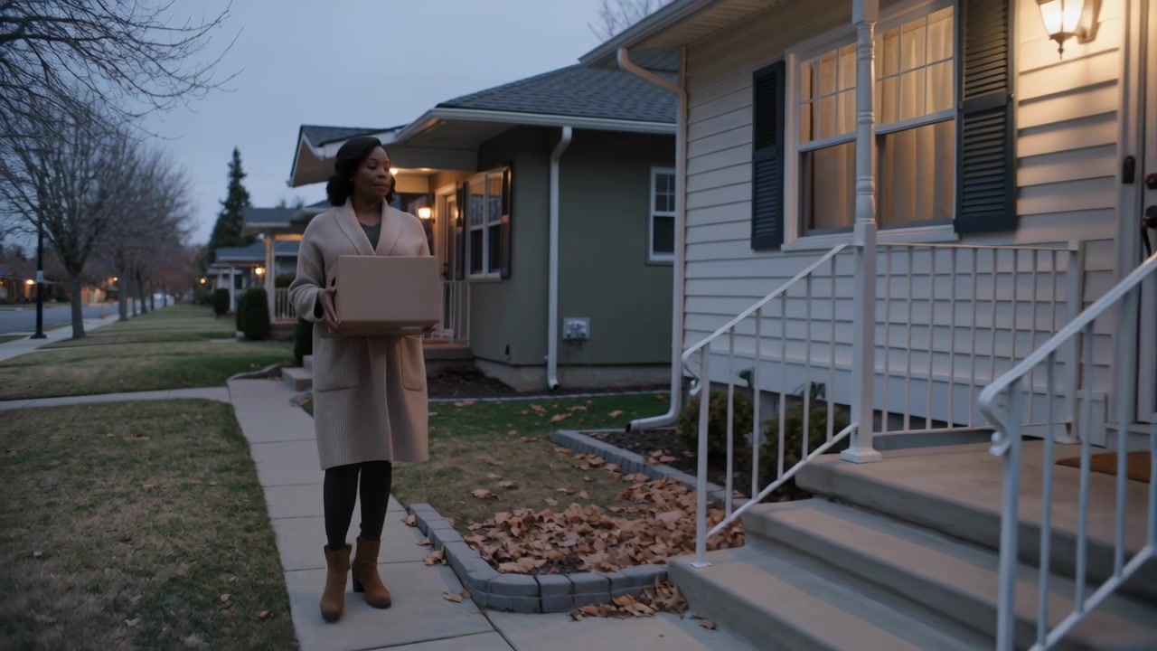 Walking woman carrying cardboard box approaching lit porch steps at dusk, tan coat, copy space
