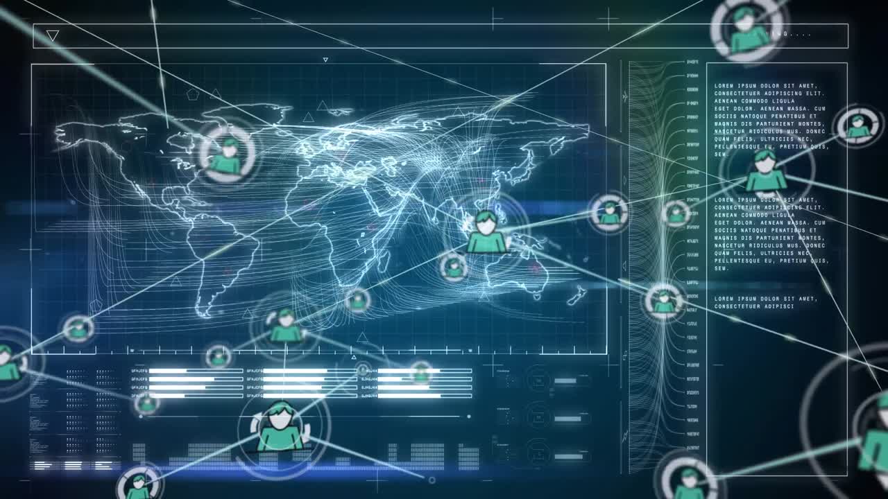 Animation of icons in hexagons, rotating dna helix and globe against white background