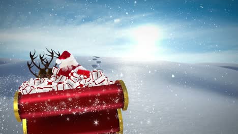 Animation-of-santa-claus-in-sleigh-with-christmas-gifts-and-snow-falling-in-winter-landscape