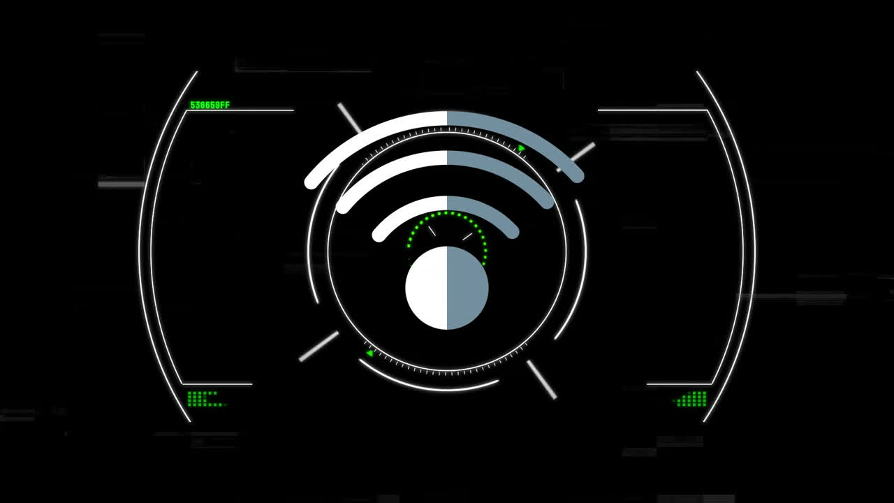 Animation of Wi-Fi signal icon with digital elements on black background