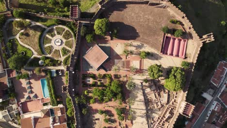 rising bird eye view of the castle in silves, portugal