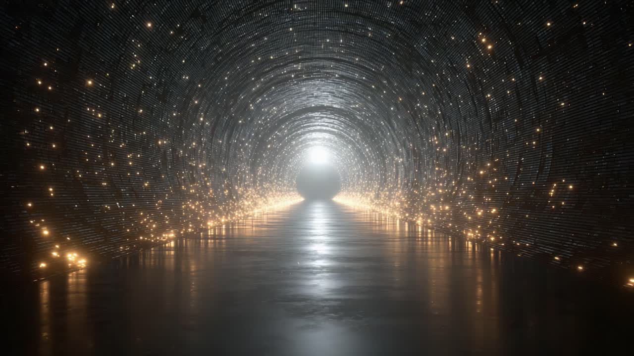 A Mysterious Tunnel Lit with Glimmering Lights Creating a Dazzling Pathway Towards a Bright Horizon, Evoking Feelings of Adventure and Discovery