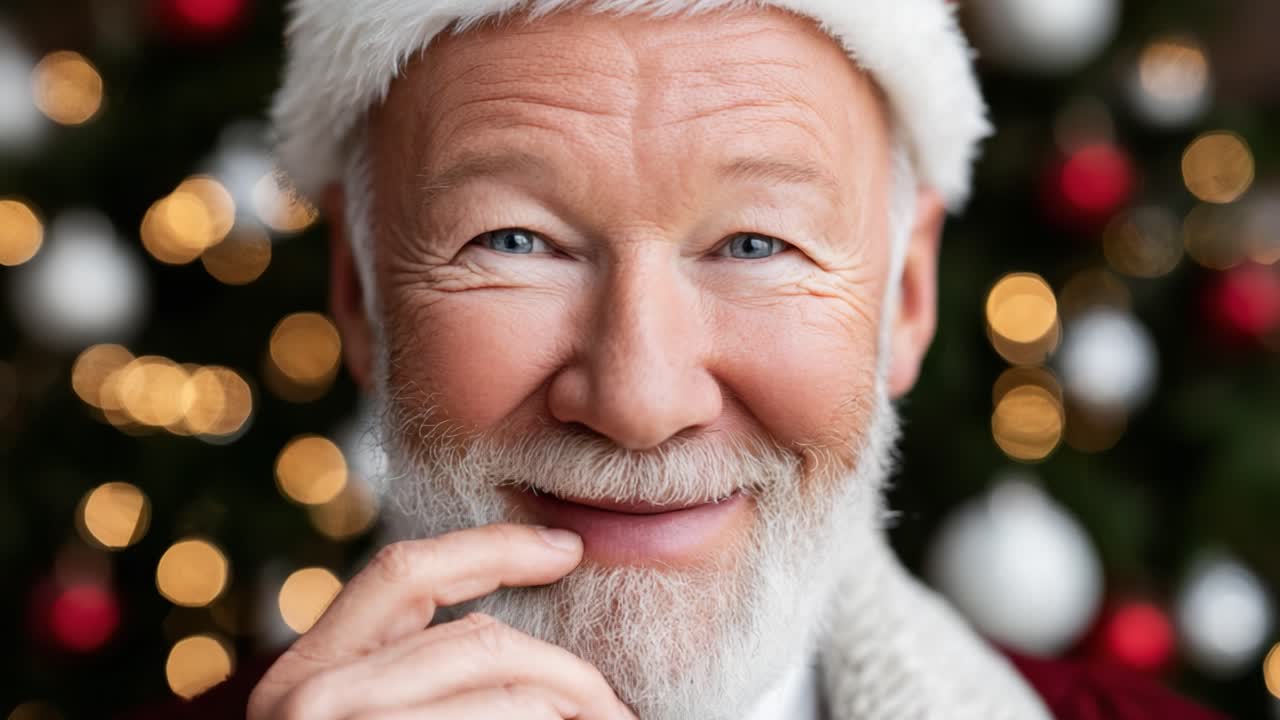 Cheerful Elderly Man in Santa Claus Hat Wears a Bright Smile While Surrounded by Festive Christmas Decorations in the Background, Capturing the Spirit of the Holiday Season