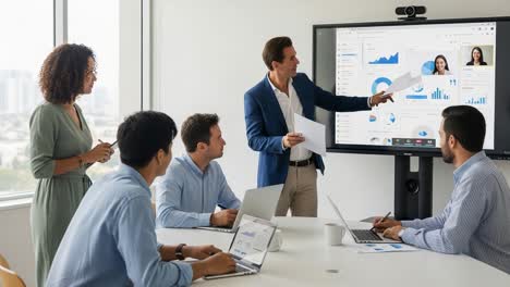 dynamic business meeting with collaborative presentation and engaged participants analyzing data trends via visual graphs and charts in modern conference room