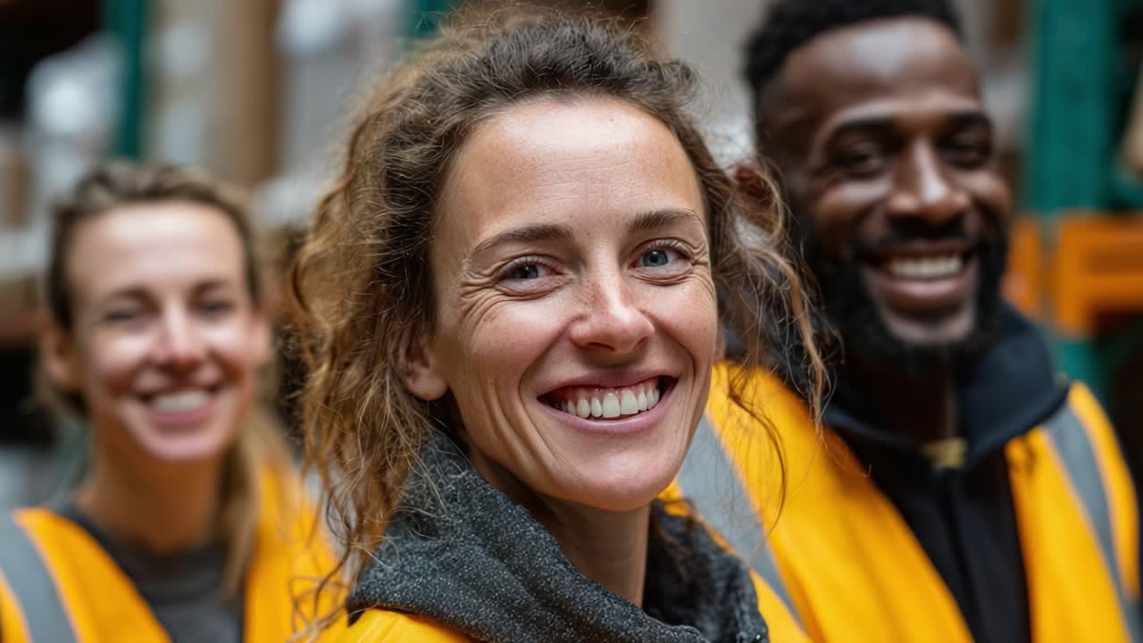 Smiling Warehouse Workers Show Team Spirit and Positivity While Wearing Safety Vests in a Dynamic Work Environment