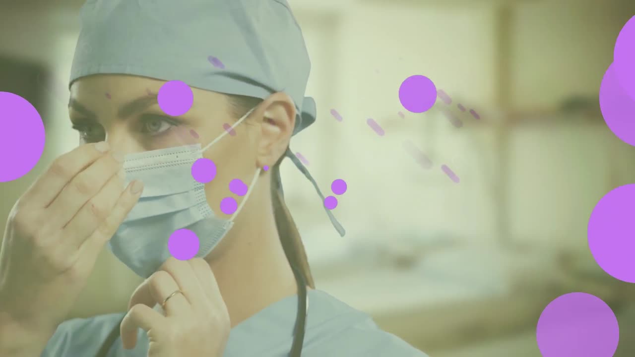 얼굴 마스크를 입은 백인 여성 의사 위에 분홍색 점의 애니메이션