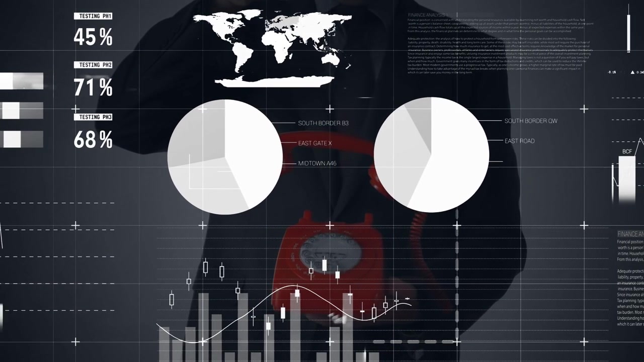 Man holding red phone lifting handset, initiating HUD charts showing finance data and map