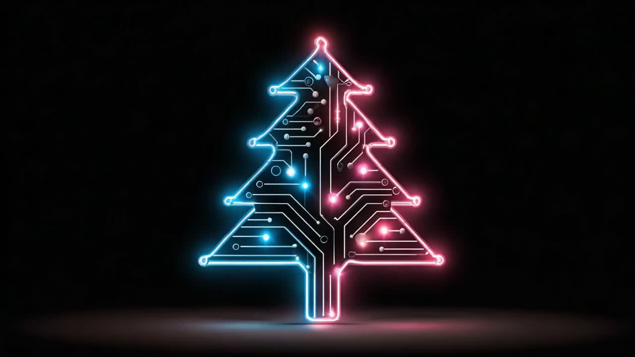 A Stunning Digital Christmas Tree Featuring Vibrant Neon Circuitry Lights, Merging Technology with Festive Spirit in a Captivating Abstract Design