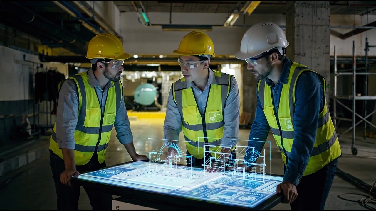 Construction engineers analyzing digital blueprint interface on interactive futuristic planning table indoors