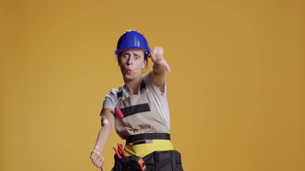 Portrait of displeased contractor giving thumbs down