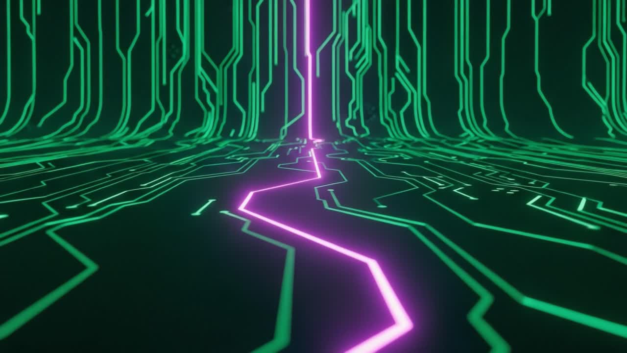 Paesaggio digitale futuristico caratterizzato da motivi a circuito neon e percorsi luminosi, che simboleggiano la tecnologia avanzata e la connettività in un regno virtuale
