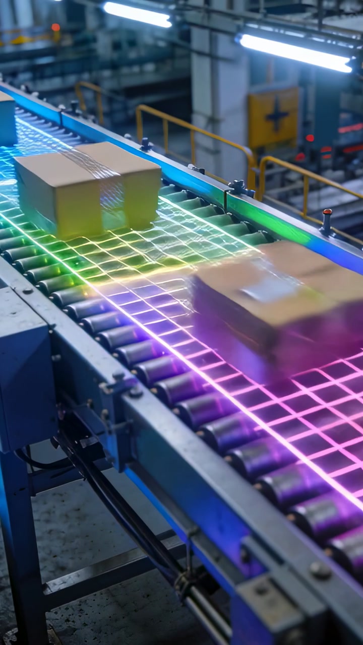 Vertical video: Rolling cardboard boxes moving as conveyor engaging over scanning grid in factory