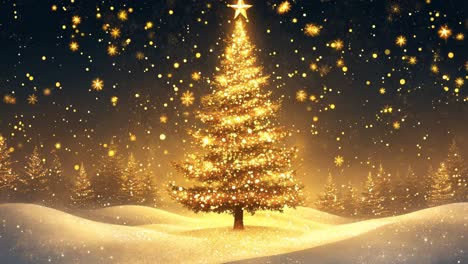 a christmas tree with a star on top is lit up in a snowy field. the scene is peaceful and serene, with the tree standing out against the white snow