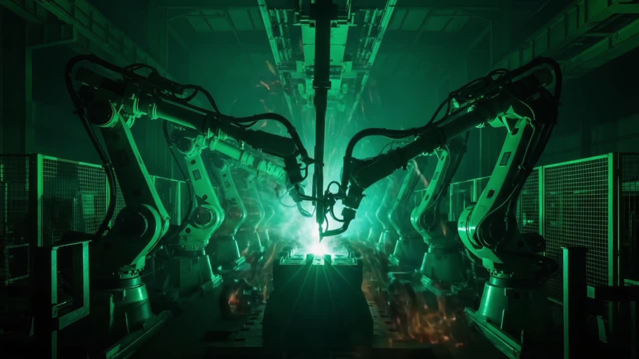 A Cutting-Edge Robotics Factory Featuring Advanced Welding Technology with Sparkling Displays of Light, Captured in Two Striking Frames That Showcase Innovation and Automation