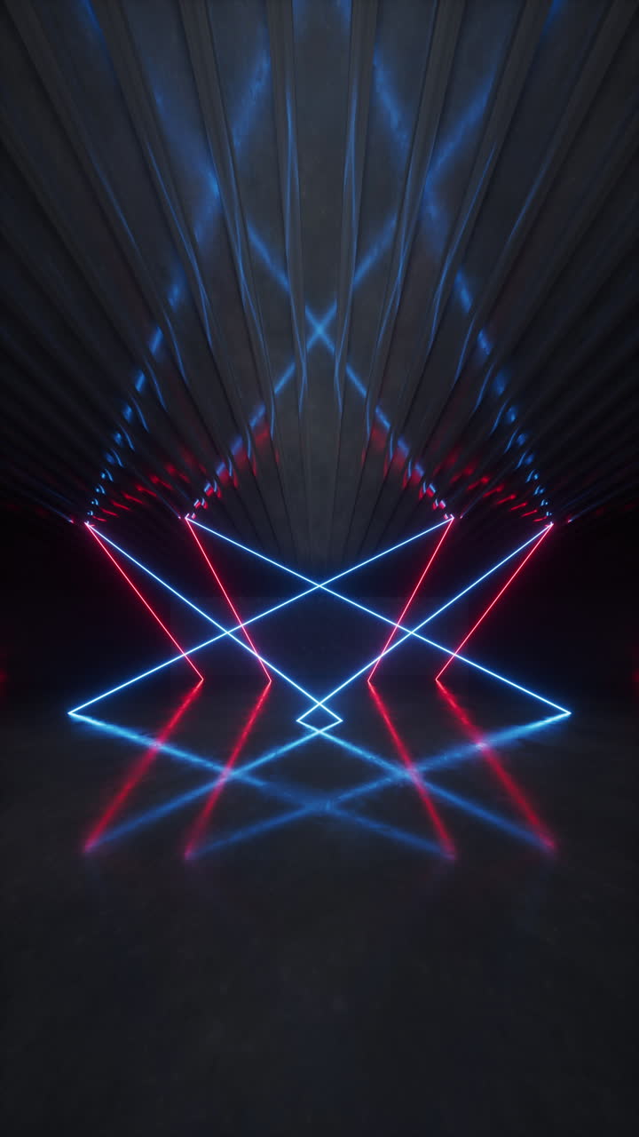 stanza buia con linee al neon luminose, animazione a loop, rendering 3d.