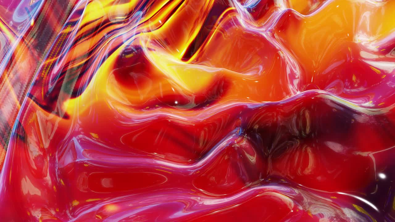 Liquid red yellow orange pattern like waves in looped motion. 3D stylish abstract bg of wavy surface like brilliant liquid marble with beautiful gradient colors. 4k trendy colorful fluid animation.