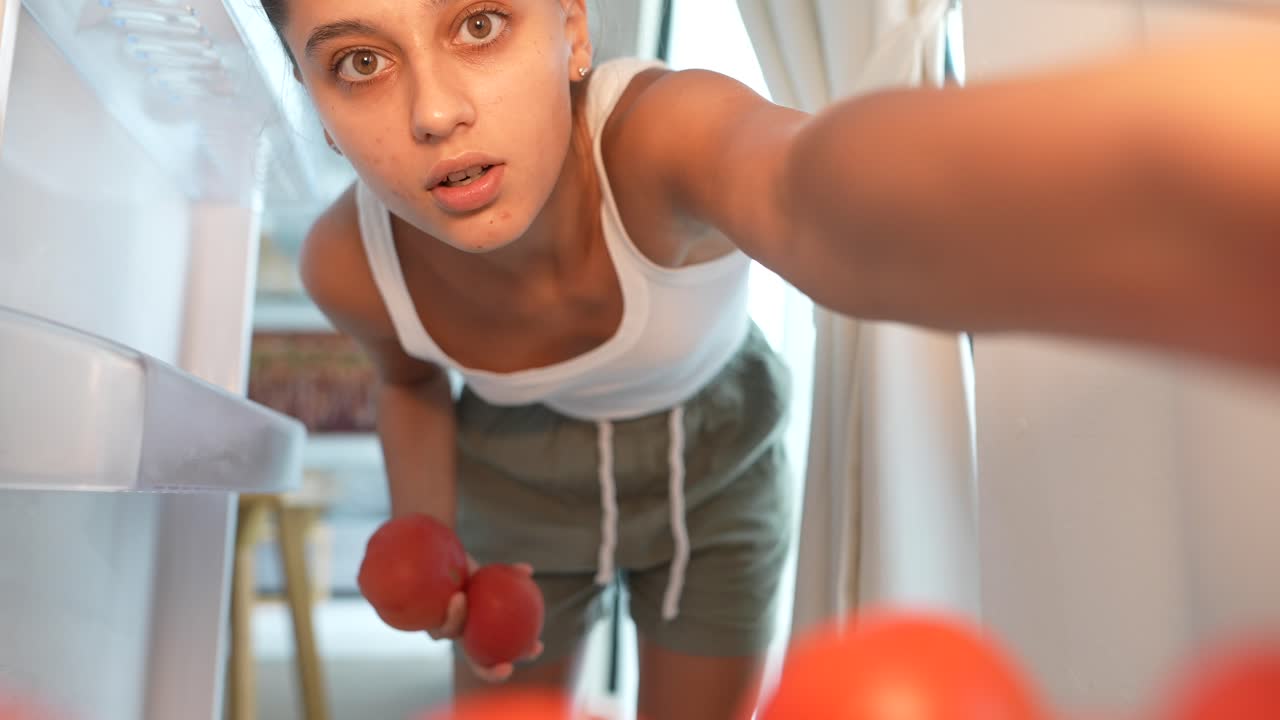 Teenager looking in refrigerator for food