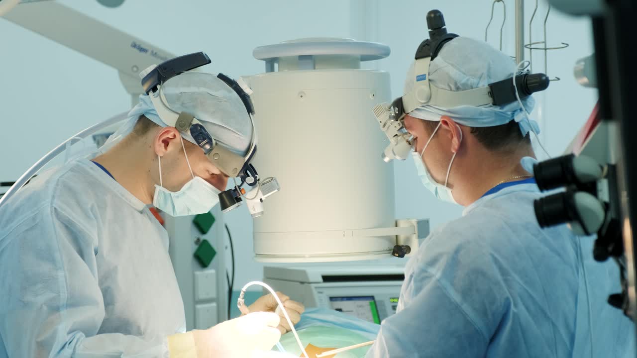 los cirujanos realizan una operación y miran a través de un microscopio móvil