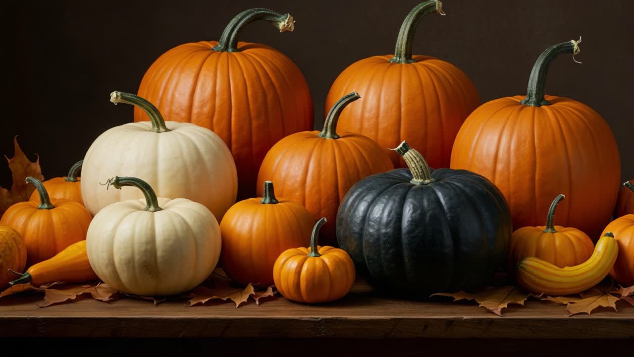 A Colorful Display of Pumpkins: A Variety of Shapes and Sizes Showcasing Autumn's Bounty and the Beauty of Seasonal Harvest Decorations