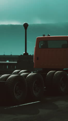 a red semi-truck parked on a highway at sunset