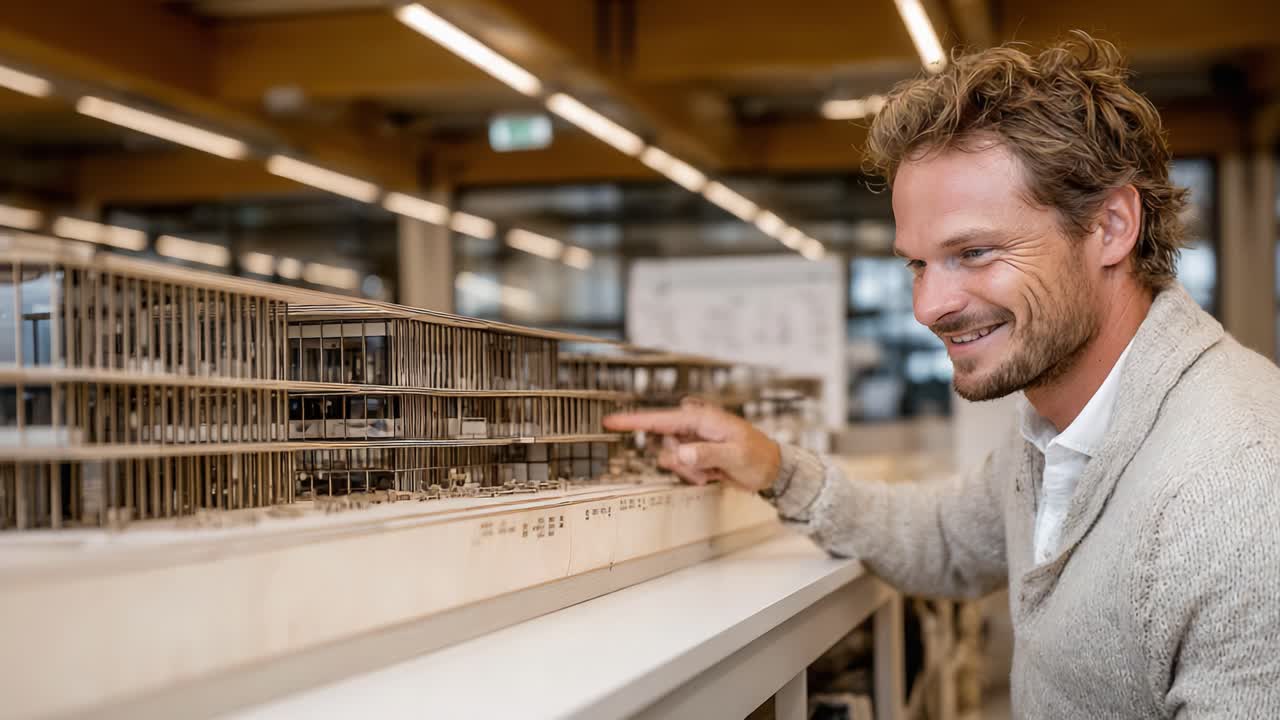 Architetto che esamina con entusiasmo il modello dettagliato di un edificio in uno spazio di lavoro moderno, evidenziando la creatività e il processo di design