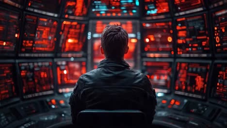 man in futuristic control room monitoring data screens