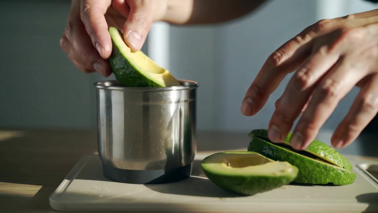 Mani con una maglietta scura che prendono fette di avocado e le mettono in una tazza di metallo in cucina per uno spuntino.