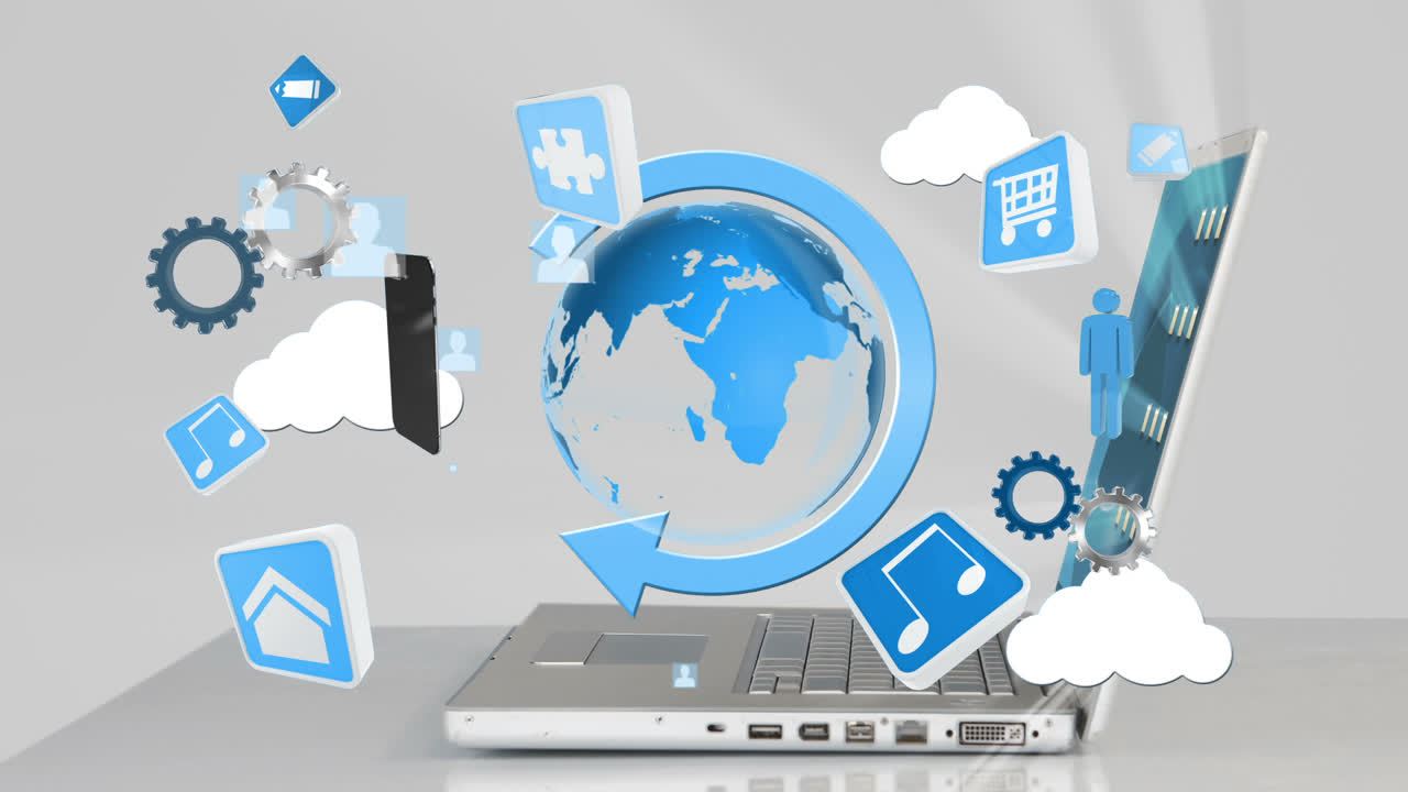 회전하는 지구와 아이콘이 노트북에 의해 팝업