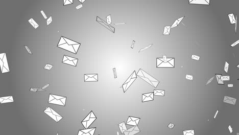 Letter-mail-postal-envelope-floating-falling-disappear-3D-animation-on-gradient-background-stationary-visual-delivery-digital-design-abstract-dynamic-colour-grey-white