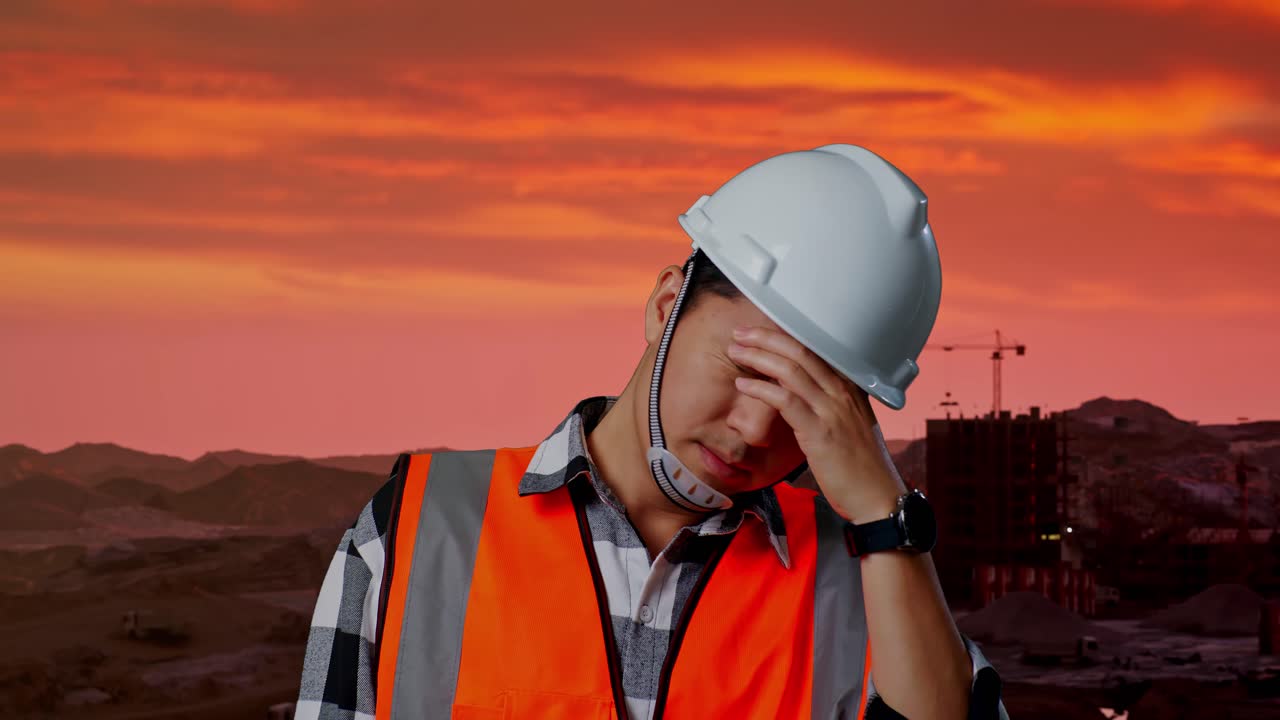 해가 지는 동안 스트레스를 받는 건설 노동자