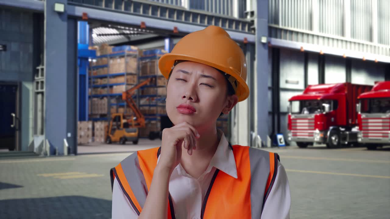 Close Up Of Asian Female Engineer With Safety Helmet Thinking About Something And Looking Around, Outside of Logistics Distributions Warehouse