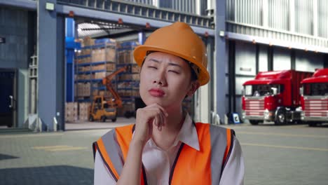 close up of asian female engineer with safety helmet thinking about something and looking around, outside of logistics distributions warehouse
