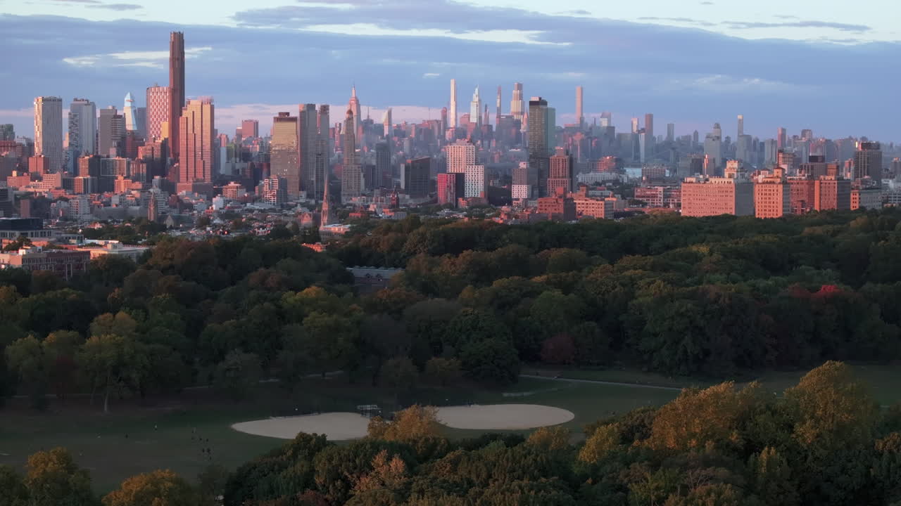 Aerial view of New York City at sunset. Shot during autumn at dusk.