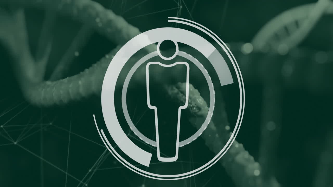 Animation of icon over dna strand and network of connections on black background
