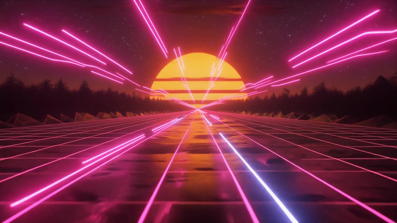 Paesaggio Digitale in Stile Retro Synthwave con Tramonto Luminoso