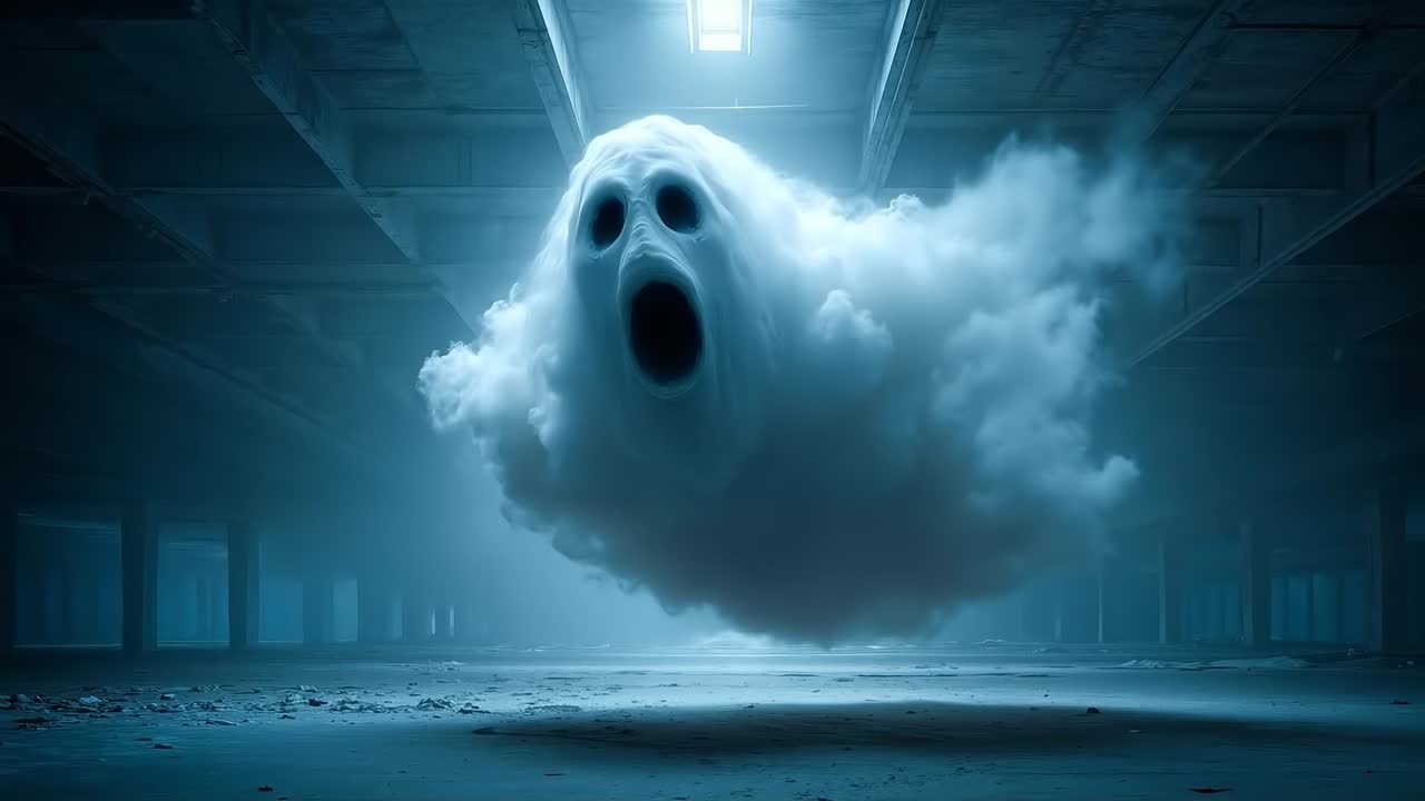 A ghostly ghost floating in the middle of a dark room